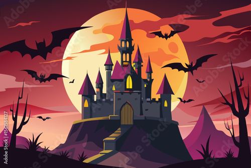 Spooky Halloween night on a haunted hill, with a dark castle and gnarled trees silhouetted against an autumn moon, and bats fluttering around an evil pumpkin