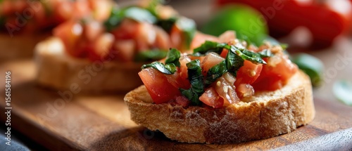 Wallpaper Mural Closeup of Delicious Bruschetta Topped with Fresh Basil and Tomatoes on Wooden Board Concept of Italian Cuisine, Appetizer, and Healthy Eating Torontodigital.ca