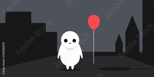 Lonely Little Creature A Minimalist Illustration of Solitude and a Red Balloon