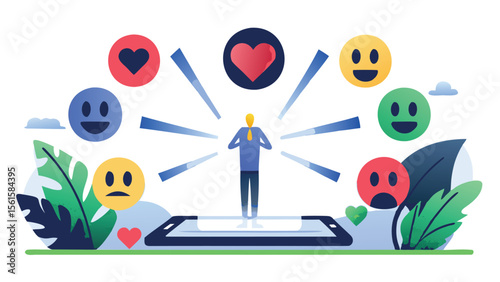 Person standing on a phone with emojis and hearts radiating outward in a stylized illustration