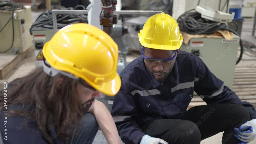Blue collar workers at machine shop with welding robot arm. Factory and machinery. Blue collar workers at machine shop with welding robot arm. Factory and machinery.