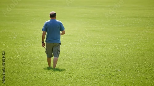 Middle-aged man walking barefoot on a lush green lawn under the bright sun, enjoying nature and the outdoors, embracing a serene and peaceful moment in a natural setting.