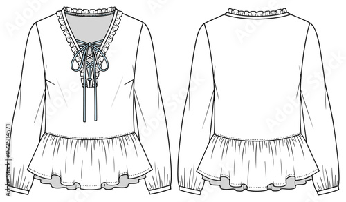 Elegant ruffle peplum blouse flat sketch, long sleeves with gathered cuffs, lace-up bow tie neckline, fashion garment design illustration