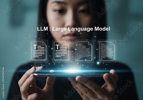 Young woman holding a smartphone displaying holographic documents with llm large language model text