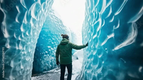 A Young Adult Female Explorer Gazes at the Ethereal Ice Wings Within an Ice Cave, Surrounded by Intricate Frozen Structures Creating a Dreamlike Passageway