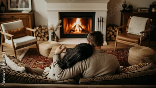 Cozy Evening by the Fireplace: Loving Couple Enjoying Intimate Moments in a Warm and Inviting Living Room Setting, Surrounded by Nature and Warmth