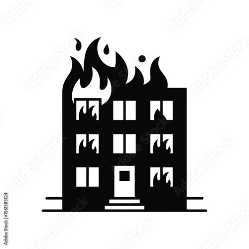 Burning building icon fire in apartment block disaster and emergency