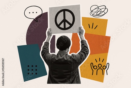young man holding peace sign placard in a colorful protest setting, advocating for social change and unity among diverse communities