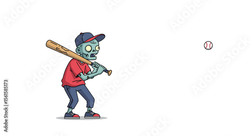 Pixel Art Zombie Baseball Player Swinging a Bat at a Flying Ball Ready to Hit a Home Run