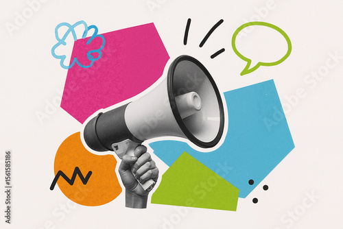 creative illustration of a hand holding a megaphone surrounded by colorful geometric shapes conveying the concept of communication and public speaking