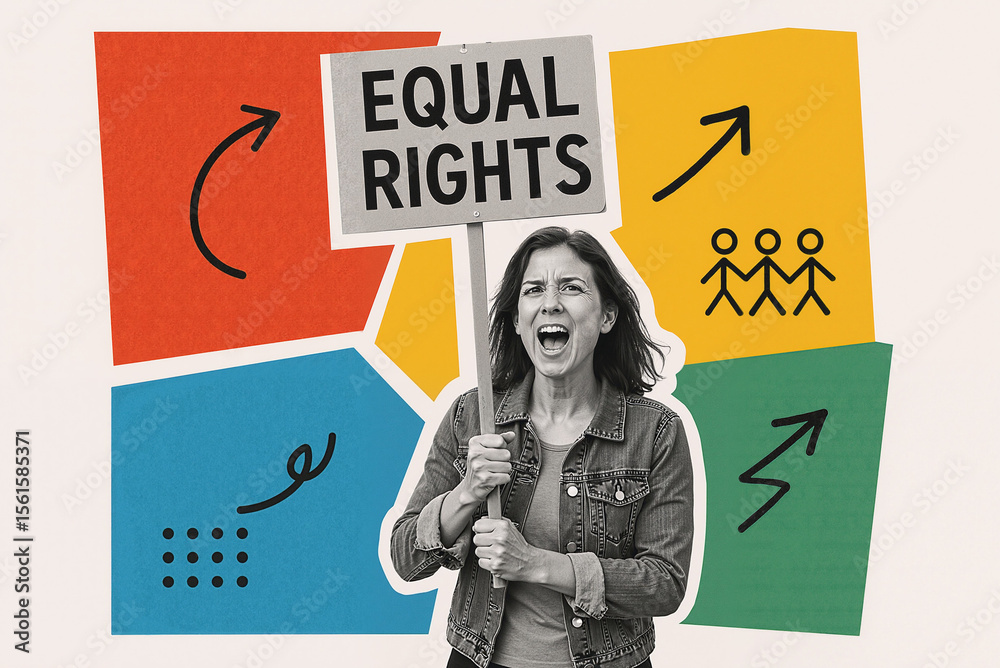 Fototapeta premium Passionate woman activist holding a sign demanding equal rights, expressing determination and advocating for social justice in a colorful and vibrant backdrop.