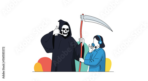 The Grim Reaper Offers Comfort to a Young Person Listening to Music Peacefully Amidst Abstract Shapes Representing Life's Uncertainties and Challenges