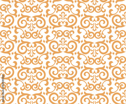 Wallpaper in the style of Baroque. White and golden floral ornament. Seamless vector background. Graphic pattern for fabric, wallpaper, packaging. Ornate Damask flower illustration