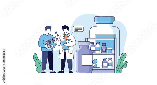 Medical professionals discuss medication and treatment options with a patient in a clinical setting surrounded by pharmaceutical supplies