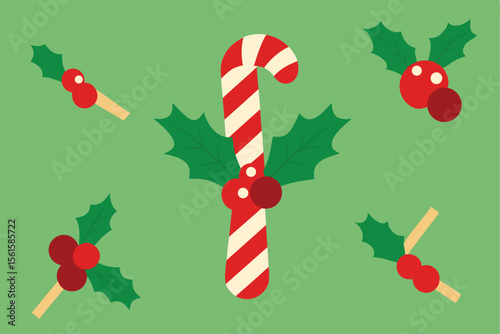 Candy Cane Stripes Background with Holly Leaves