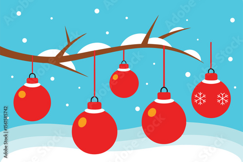 Christmas Baubles on Snowy Branches