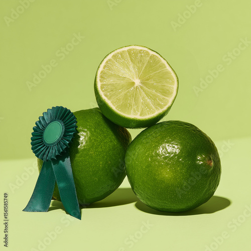 pile of limes with prize winning green rosette isolated on plain colour studio background