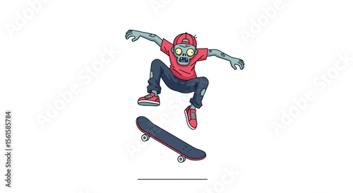 Animated zombie skateboarder performing an aerial trick against a white background with his board in midair