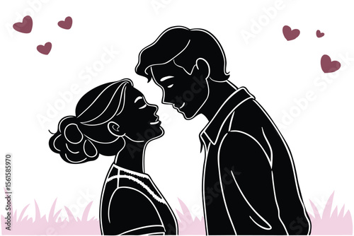 Romantic couple sharing their first kiss in a minimalist silhouette style