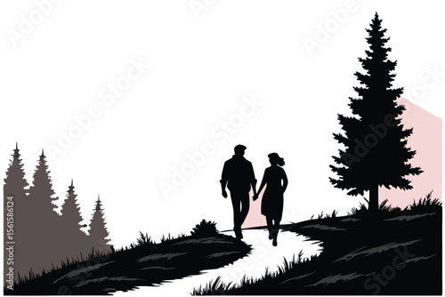 Silhouetted couple hiking on a mountain trail during sunset