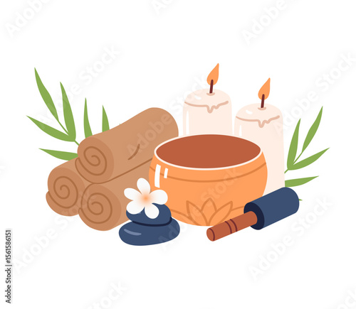 Composition of hot rolled towels, aromatic candles, singing bowl, basalt massage stones and tropical plants. Hand drawn vector illustration for spa website, aromatherapy packaging and spa menu design.