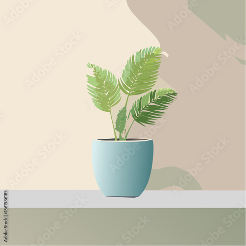 single plant in a pot on a clean surface with soft shadows