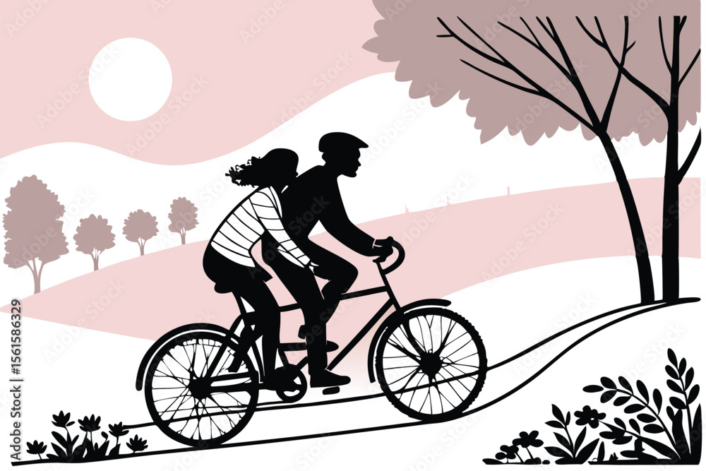 Naklejka premium Couple riding a tandem bicycle in a clean silhouette design