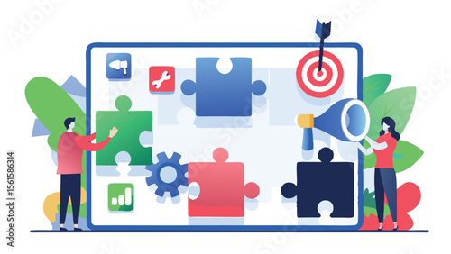People working together on a puzzle displayed on a screen with icons and a target with an arrow
