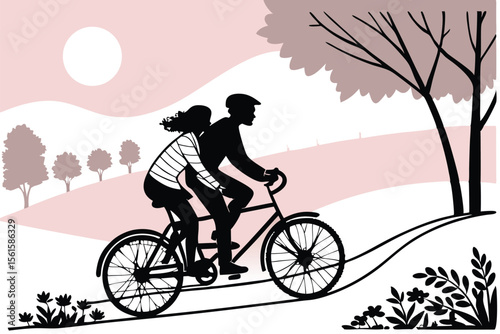 Couple riding a tandem bicycle in a clean silhouette design