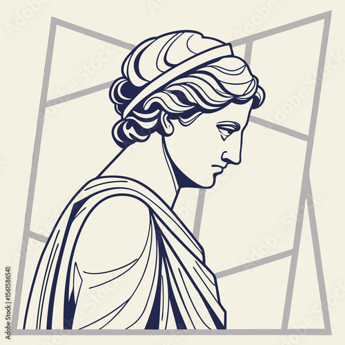 Illustration of a classical bust of a woman with draped clothing and geometric background design element