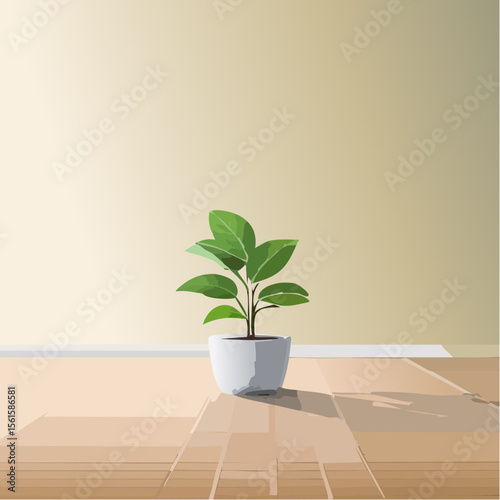 single plant in a pot on a clean surface with soft shadows