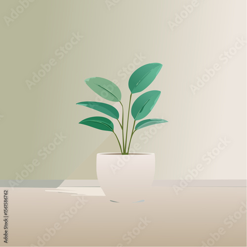 single plant in a pot on a clean surface with soft shadows
