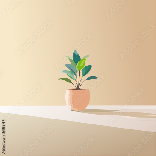 single plant in a pot on a clean surface with soft shadows