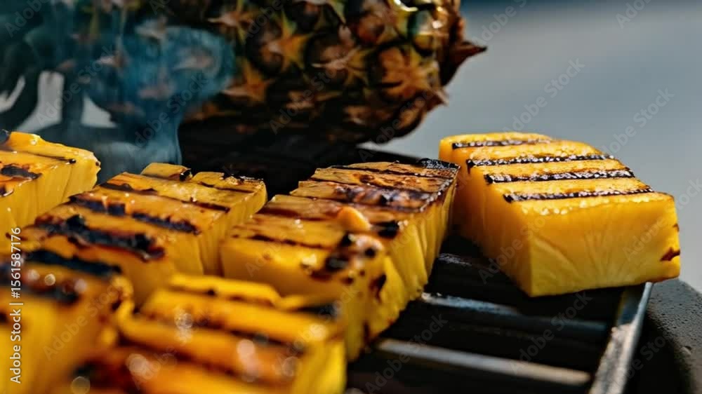 Grilled pineapple slices with grill marks and whole pineapple in the background on a grill