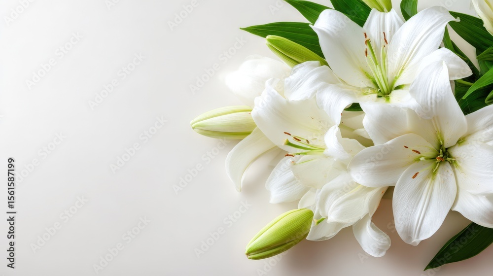 Fototapeta premium Elegant white lily flowers blooming with fresh green leaves on a bright background.