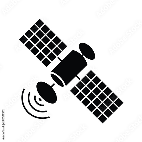 Black and white satellite icon with solar panels and signal waves