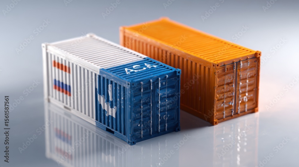 Two Miniature Shipping Containers One Blue and One Orange on Reflective Surface. Two Miniature Shipping Containers One Blue and One Orange on Reflective Surface.