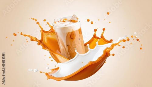 Iced Thai tea splash in a glass with cream droplets on a soft beige background