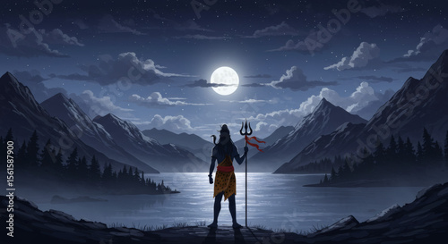 Trident-Wielding Shiva by the Moonlit Lake