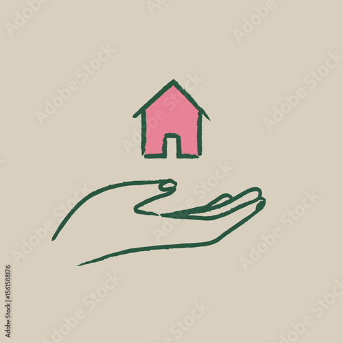 Hand holding house — minimal sketch icon with pink home