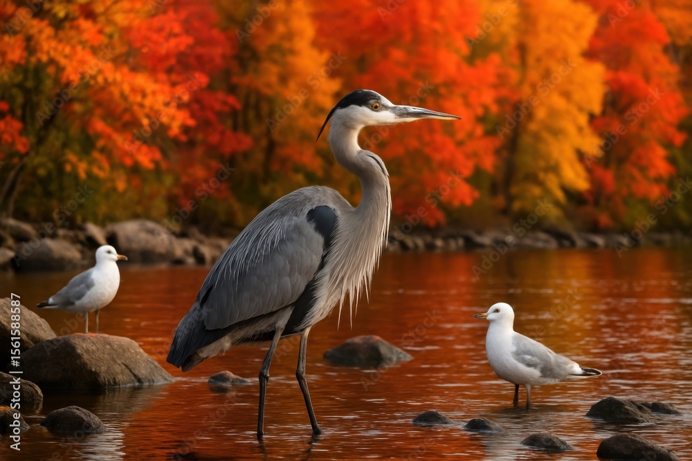 Obraz premium Great blue heron and seagulls in autumn water with vibrant fall foliage