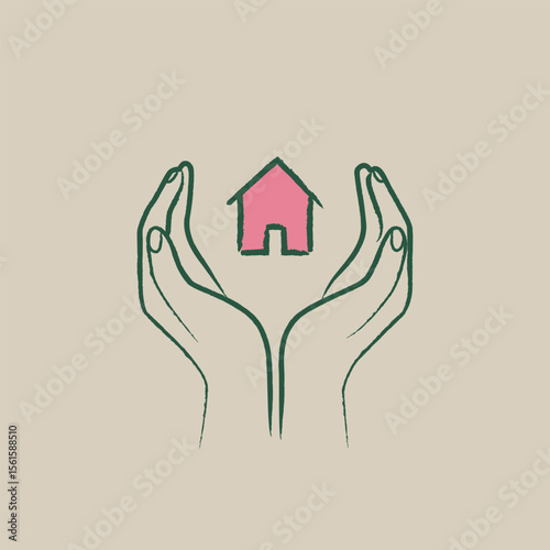 Hands holding house — caring sketch icon in minimal style