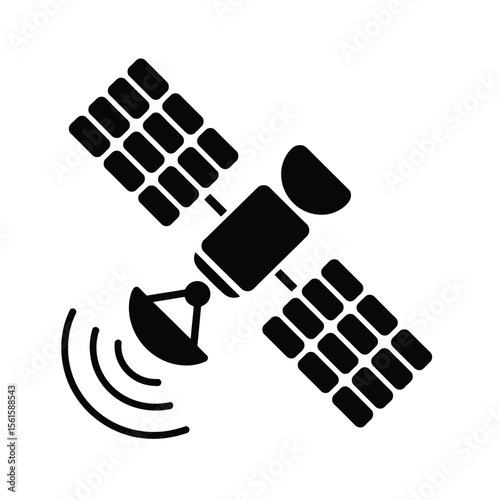 Satellite Icon with Solar Panels Transmitting Signal in Black Silhouette Style