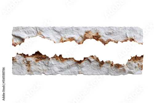 Torn paper texture with burnt edges on transparent PNG background, horizontal banner format with copy space for grunge design templates.
