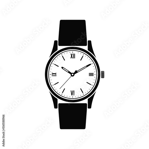 Elegant Wristwatch Vector Illustration with Roman Numerals and Black Leather Strap