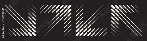 Set of four contrast abstract patterns in arrows shape. Dynamic diagonal lines and geometric shapes. Blend effect creating optical illusions and visual movement on a black background