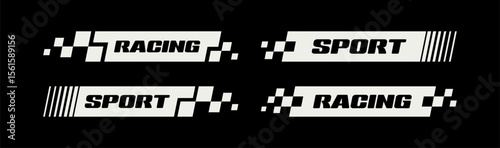 Set of futuristic racing stripes with text Sport and Racing. Decals for tuning car, motorcycle and bicycle. Vehicle stickers collection on black background. Vector illustration