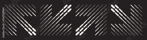 Set of four contrast abstract patterns in arrows shape. Dynamic diagonal lines and geometric shapes. Blend effect creating optical illusions and visual movement on a black background