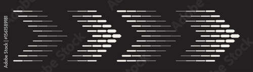 Set of four contrast abstract patterns in arrows shape. Dynamic horizontal lines and geometric shapes. Blend effect creating optical illusions and visual movement on a black background