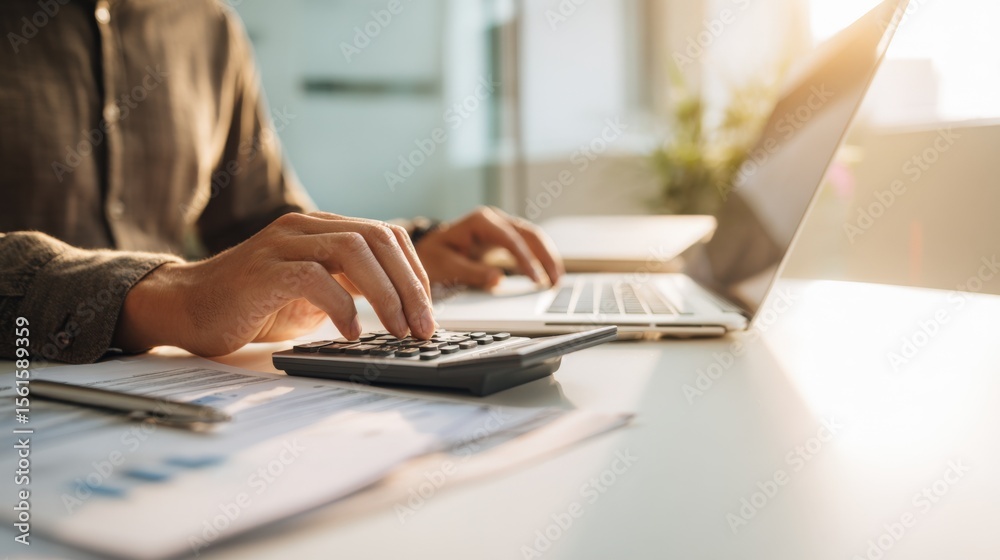 Fototapeta premium Person Using Calculator and Laptop at Desk in Bright Office Workspace.
